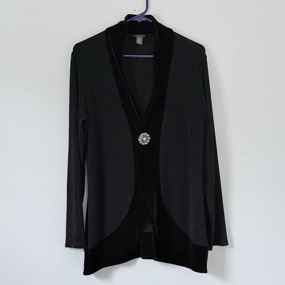 Chicos Travelers Sweater Jacket 1 (Medium) Black Velvet Trim Rhinestone Rework